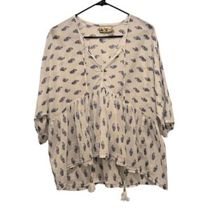 Zen Ethic Women’s Boho Cotton White Blouse Tassel Tie Paisley Oversized Sz S